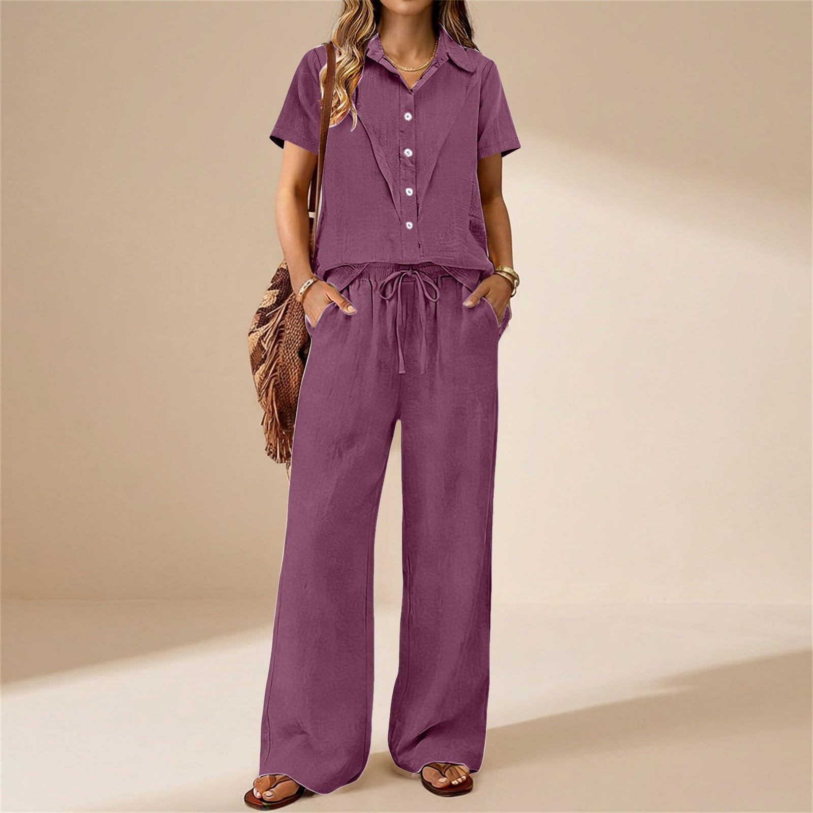 Zweiteiler Damen Sommer Leine Top und Hose 2 Teiler Hosenanzüge Baumwolle Leinen Jogginganzug Outfit Anzug Luftig Freizeitanzug,Zweiteiler Musselin Damen,Business Casual
