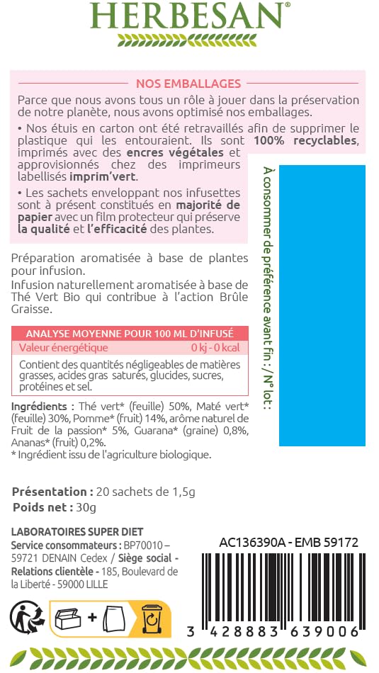 HERBESAN®-INFUSION MATE VERT BRÛLE GRAISSE BIOMaté vert, Thé vert, Guarana, Ananas - 20 sachets – Image 5