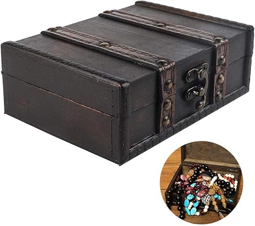 Miniatura 8 de Zerodis Cofre de almacenamiento de madera, cofre del tesoro vintage con cerradura, joyero, estuche de colección de manualidades, accesorio