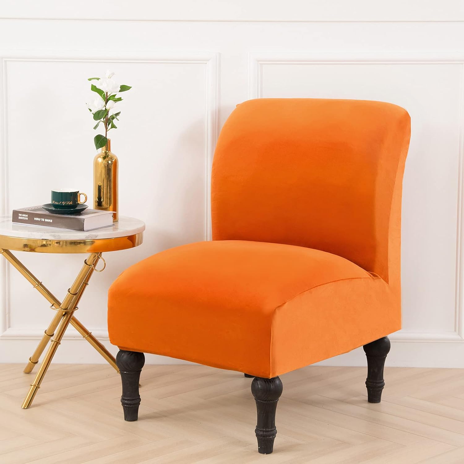 MIFXIN Armless Accent Chair Covers Velvet Stretch Soft Slipcovers for Slipper Chair Without Arms Washable Chair Sofa Couch Furniture Protector Cover for Living Room Bedroom Hotel (Orange, 1 Pack)