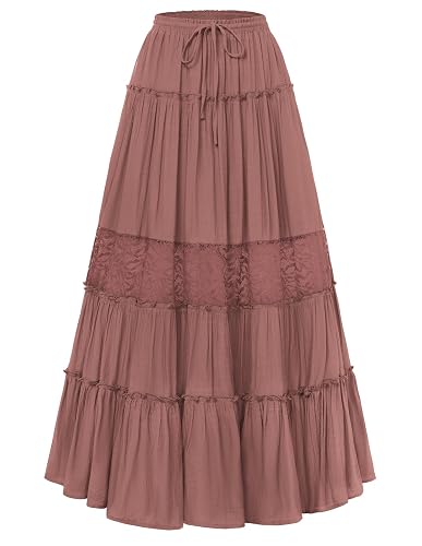 Scarlet Darkness Women's Boho Maxi Skirts Flowy Lace Long Renaissance Skirt | Elastic Waist, Pockets, Tiered, A Line, Casual, Beach Vacation, Ren Faire - Large - Coral Pink