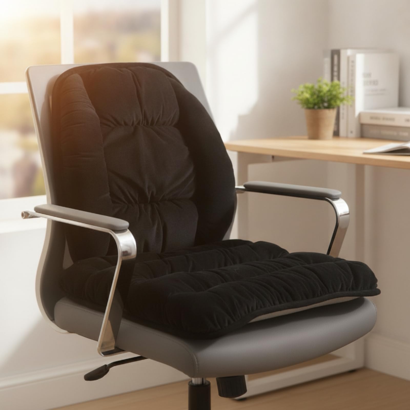 Cojín Silla con Respaldo Acolchado Cojín con Respaldo Antiescaras para Teletrabajo, Estudio, Negro Misterioso, Cojín 45x45cm + Soporte Lumbar