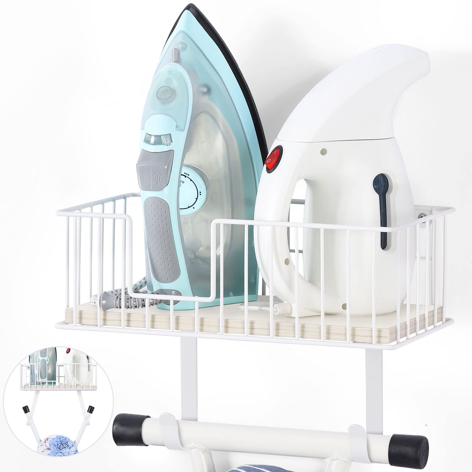 YBING Ironing Board Hanger Wall Mount Adjustable Iron Board Wall Mount with Storage Wooden Shelf and Base Basket Metal Iron Board Holder Hook for T and V Shape for Laundry Room (White)