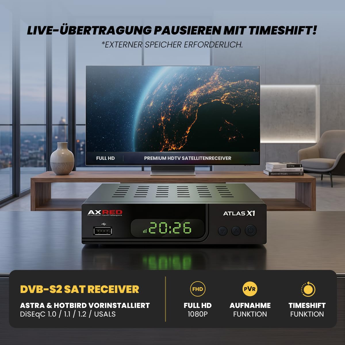 AXRED Atlas X1 + cable HDMI, receptor de satélite HD con función de grabación, Full HDTV, receptor de satélite digital para antena parabólica, TV satélite, receptores HD