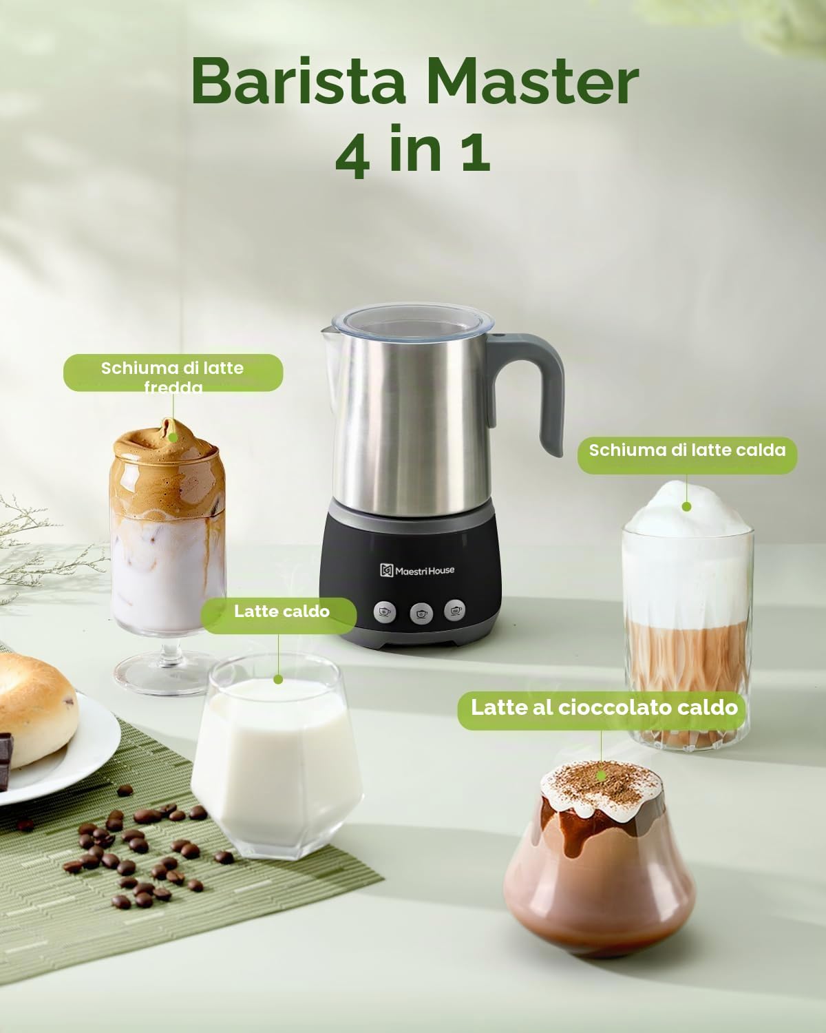 Maestri House Montalatte elettrico 4 in 1, 600 W, controllo Smart Touch per caldo e freddo, funzione di memoria per latte, cappuccino, latte caldo, cioccolata calda