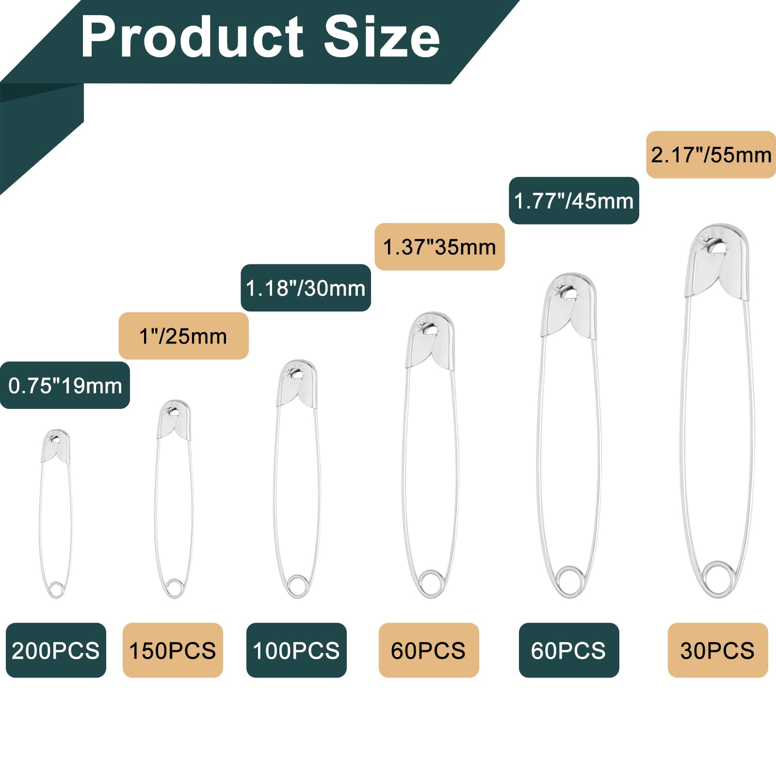 NEBURORA 600 Pcs Silver Safety Pin Assorted 6 Different Sizes Small and Large Safety Pins for Clothes Office Sewing Craft and Arts Pinning