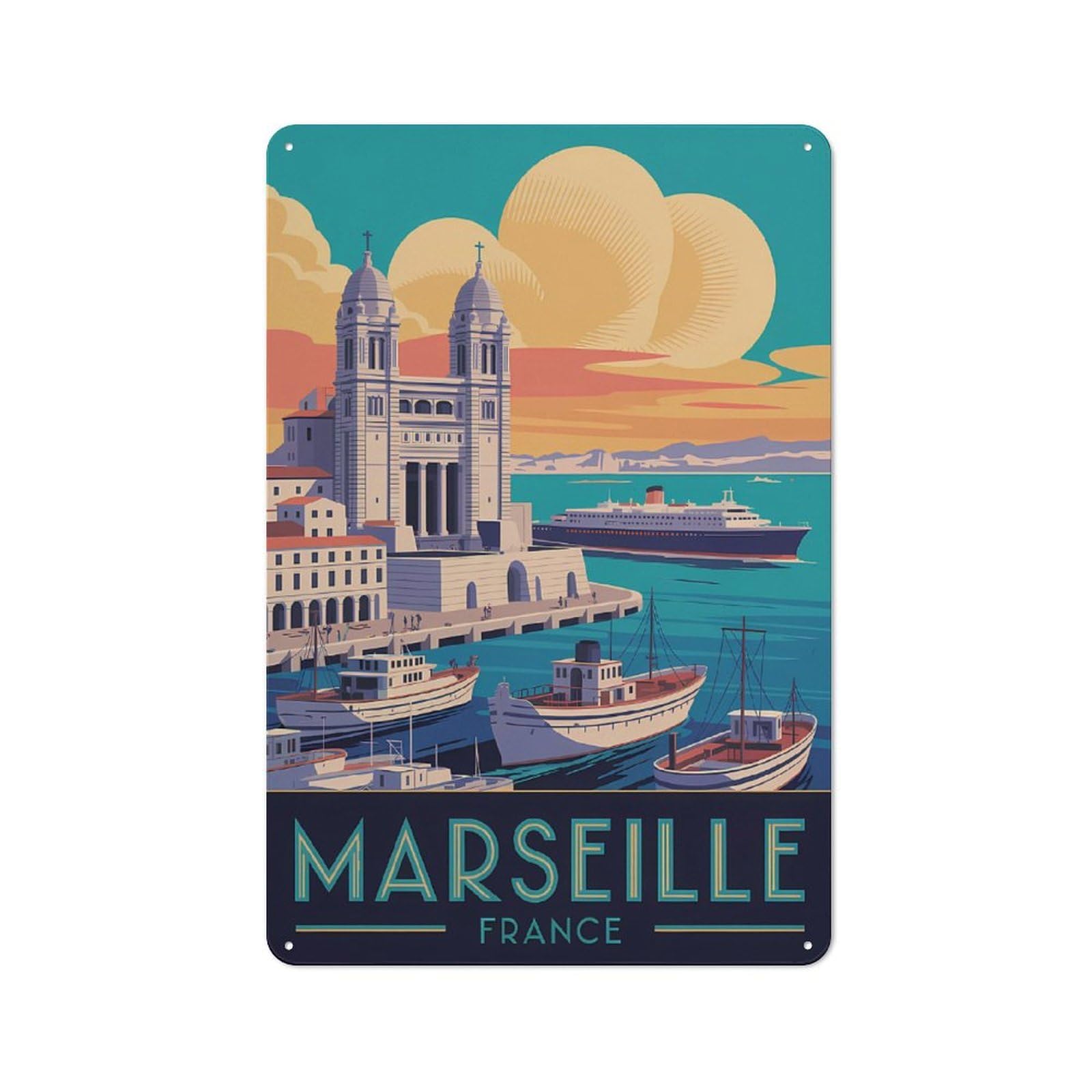 Junmoney Style-23 Marseille Travel (3) Printed Metal Sign 30X20cm For Dining Room Or Kitchen, For Kitchen Wall Decor Lovers