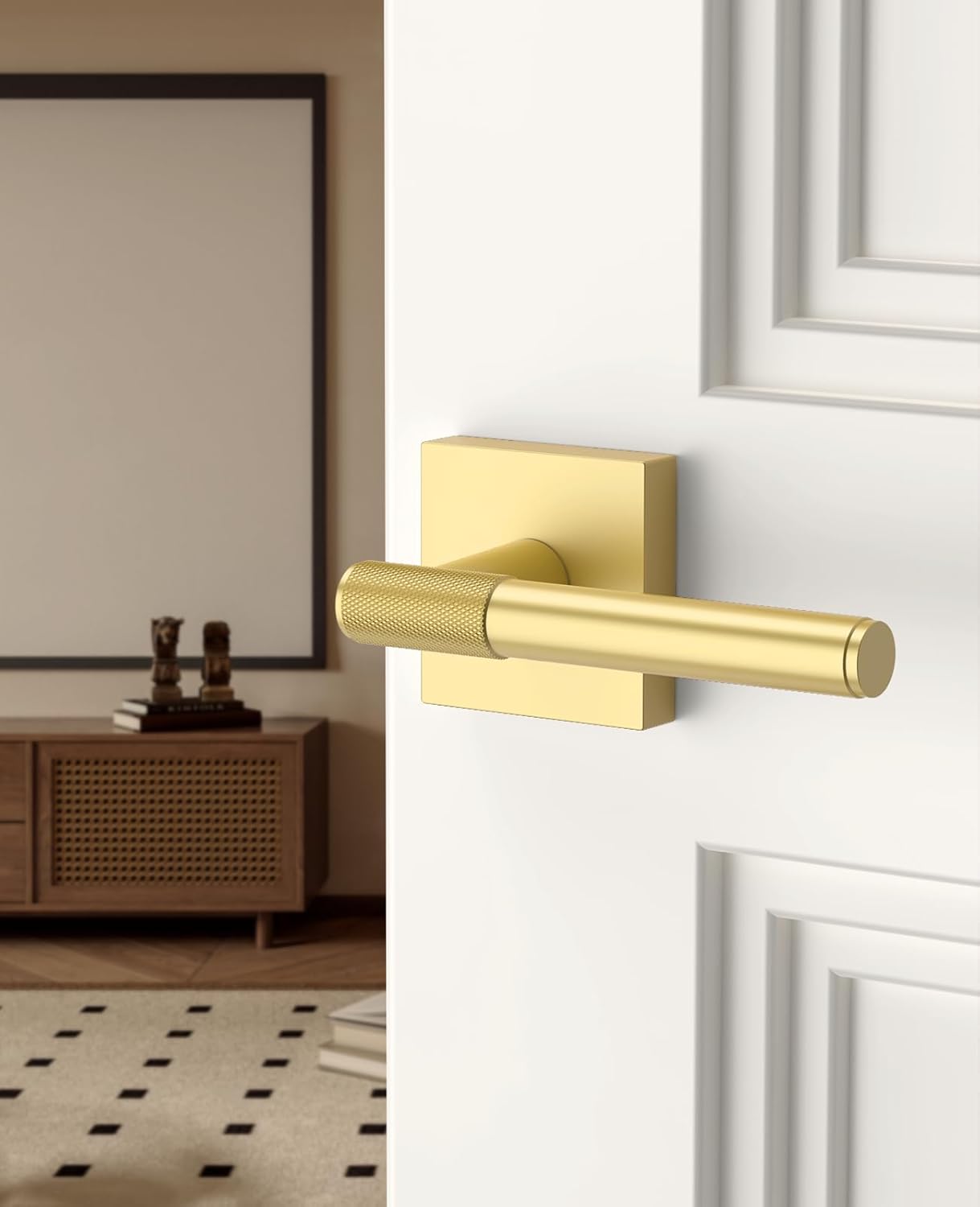 Asidrama 1 Pack Passage Gold Door Knob with Lock, Brushed Gold Door Handles Interior for Bedroom or Bathroom, Heavy Duty Door Lever with Reversible Interior Door Handle for Left Right Sided Doors