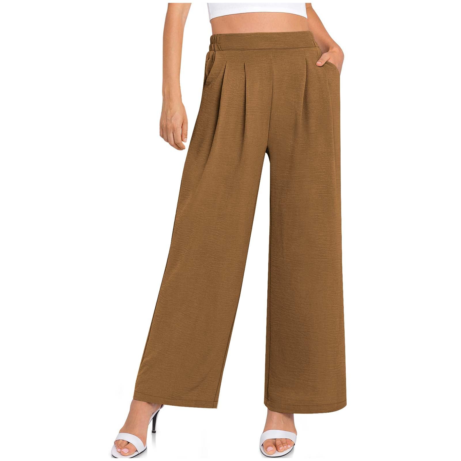 Wide Leg Pants Women Dressy Elastic High Waisted Lounge Palazzo Pant Flowy Casual Business Work Trousers with Pockets