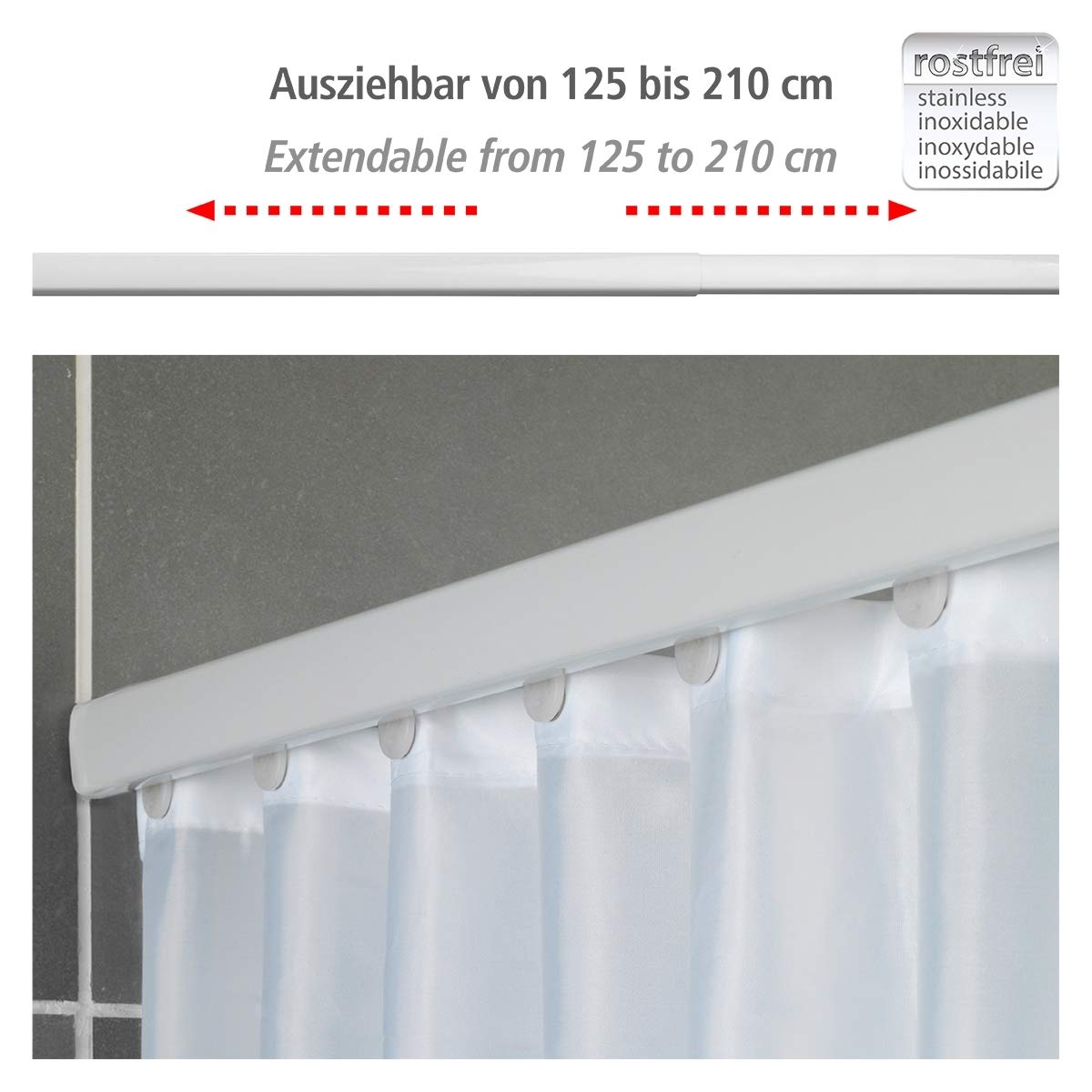 WENKO Teleskop-Duschvorhangschiene Era Weiß, ausziehbare Vorhangschiene aus rostfreiem Aluminium, zur Befestigung von Allen Duschvorhängen, inkl. Befestigen ohne Bohren, 125-210 x 2 x 3,5 cm