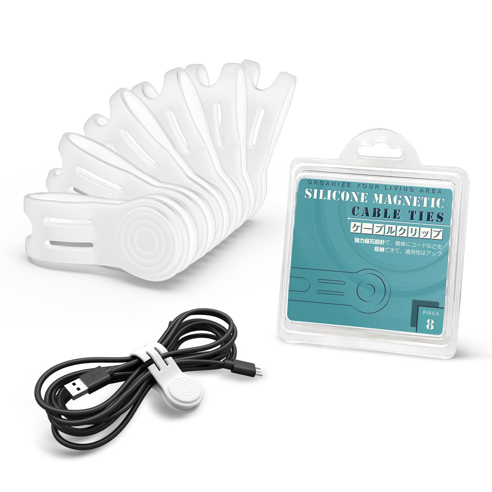 Kanemc 8-Pack Magnetic Cable Ties – Silicone Cord Wrap Organizer, Twist Ties With Strong Magnets, For Charging Cables, USB, Earphones (Black & White)