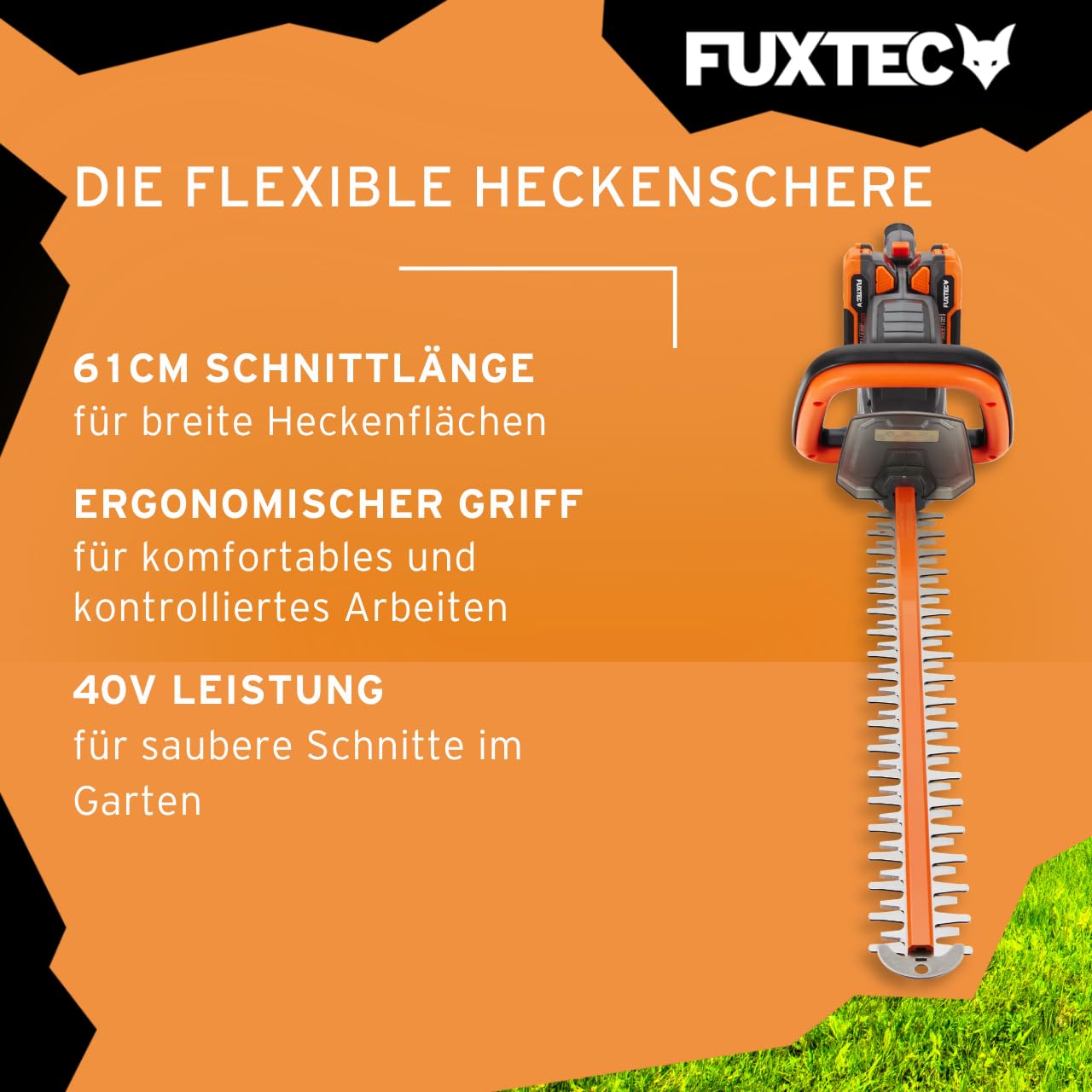 FUXTEC 40V Akku Heckenschere FX-E2HSSET • 61cm Schnittlänge • 26 mm Schnittstärke • 2X 20V Li-Ion Akku • Drehbarer Griff • Elektrische Bremse • Heckentrimmer für Sträucher und Hecken