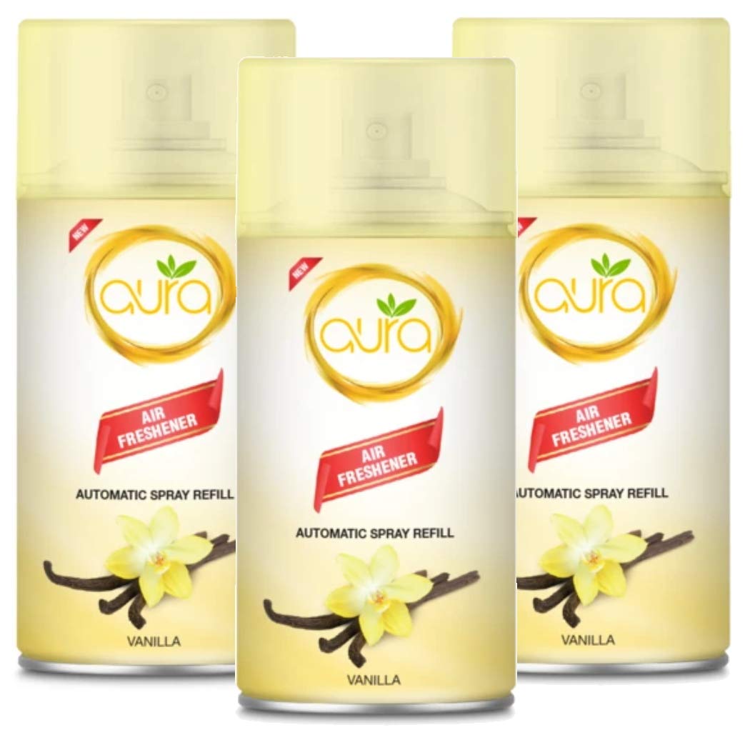 AuraAir Freshener Automatic Spray Refill 250ml Triple Pack - Dry Based Premium Long Lasting Fragrances Designed to Mask & Remove Unpleasant Odors & Refresh Air (Vanilla)