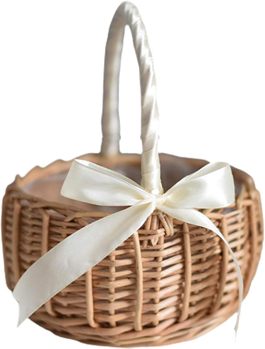 Flower Basket Woven Hand-Held Wicker Decorative Picnic Storage Basket for Home, Decorative, Vivid, Simulation White L