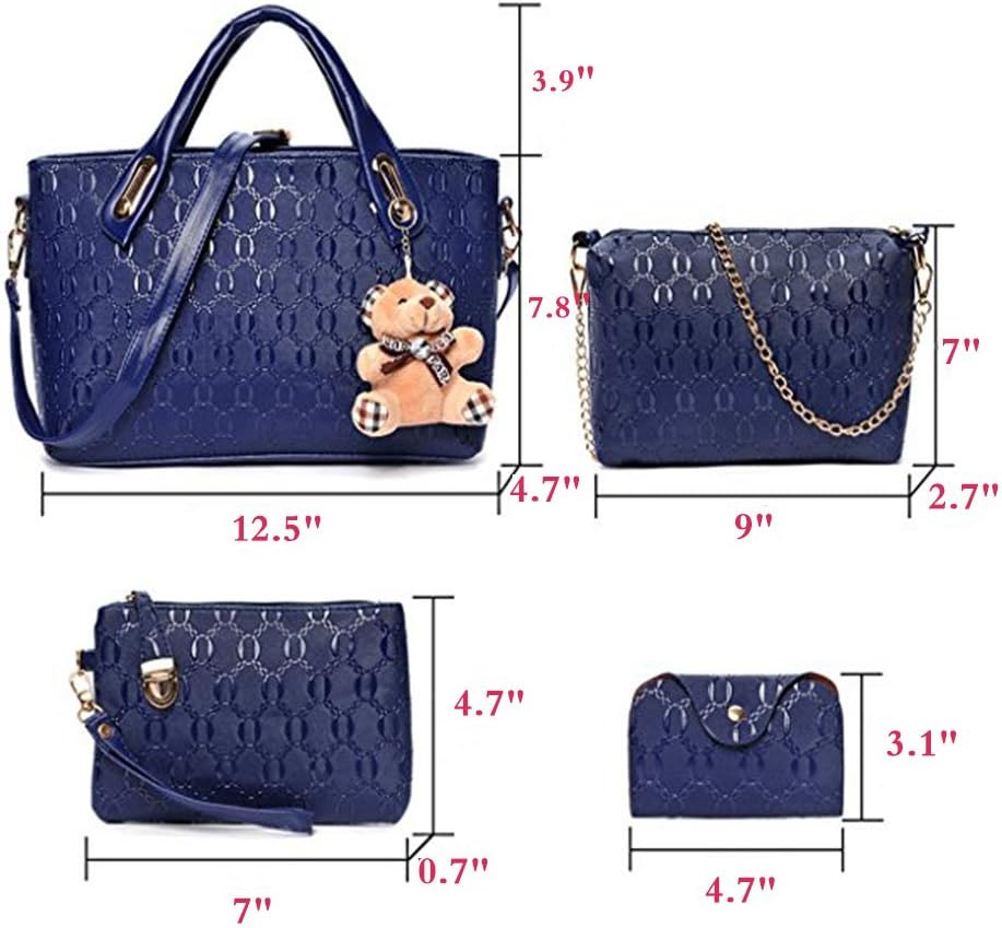 Women Ladies 4 Pcs PurseTop Handle Satchel Hobo Handbag Set Large Tote +Wallet +Shoulder Bag+Card Holder (Blue) - Image 3