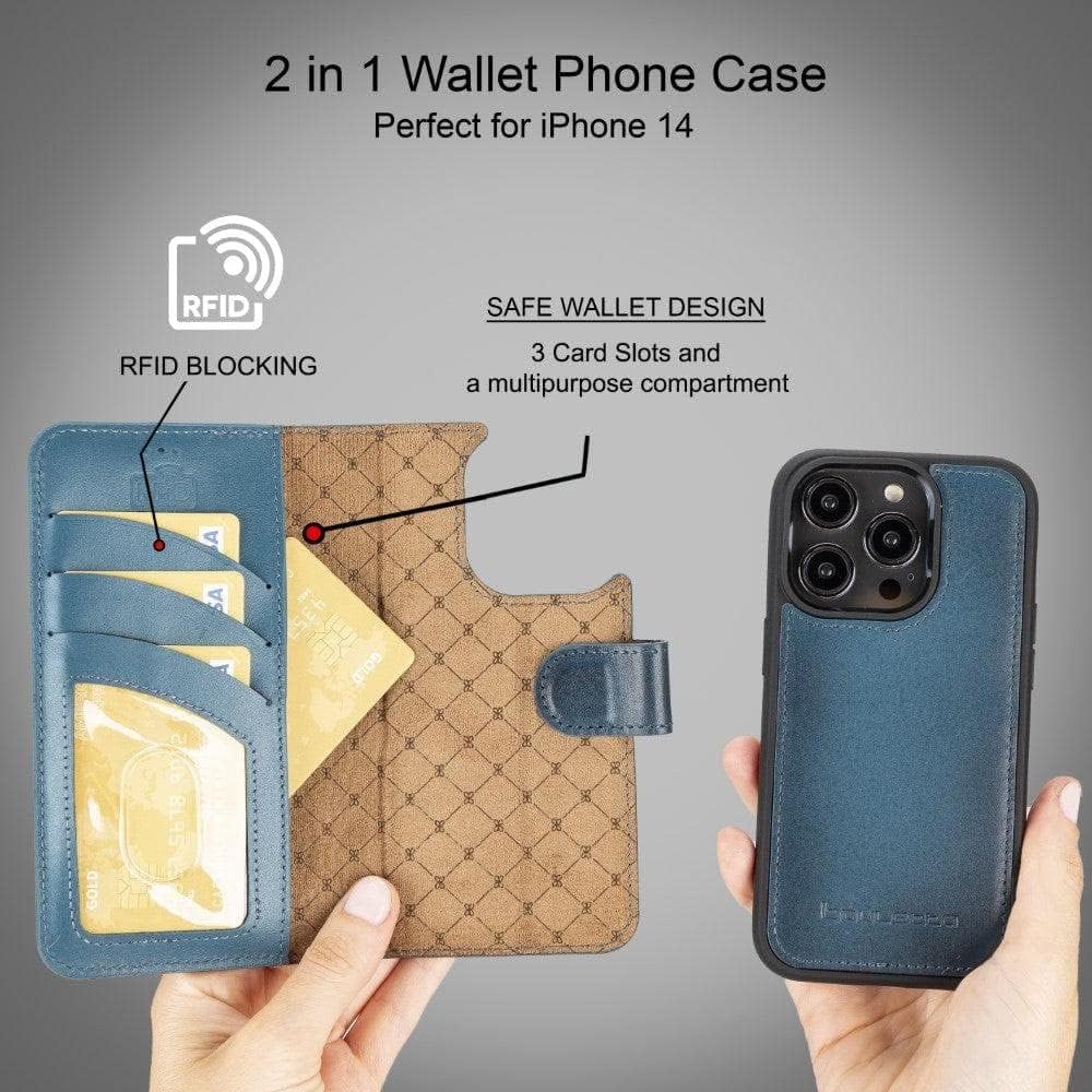 BOULETTA for iPhone 14 Pro Wallet Case Magsafe Compatible Full Grain Leather, Magnetic Detachable Folio Phone Wallet Case (2 in 1) - 3 Card Holders with RFID Blocking 6.1 inch, Navy Blue