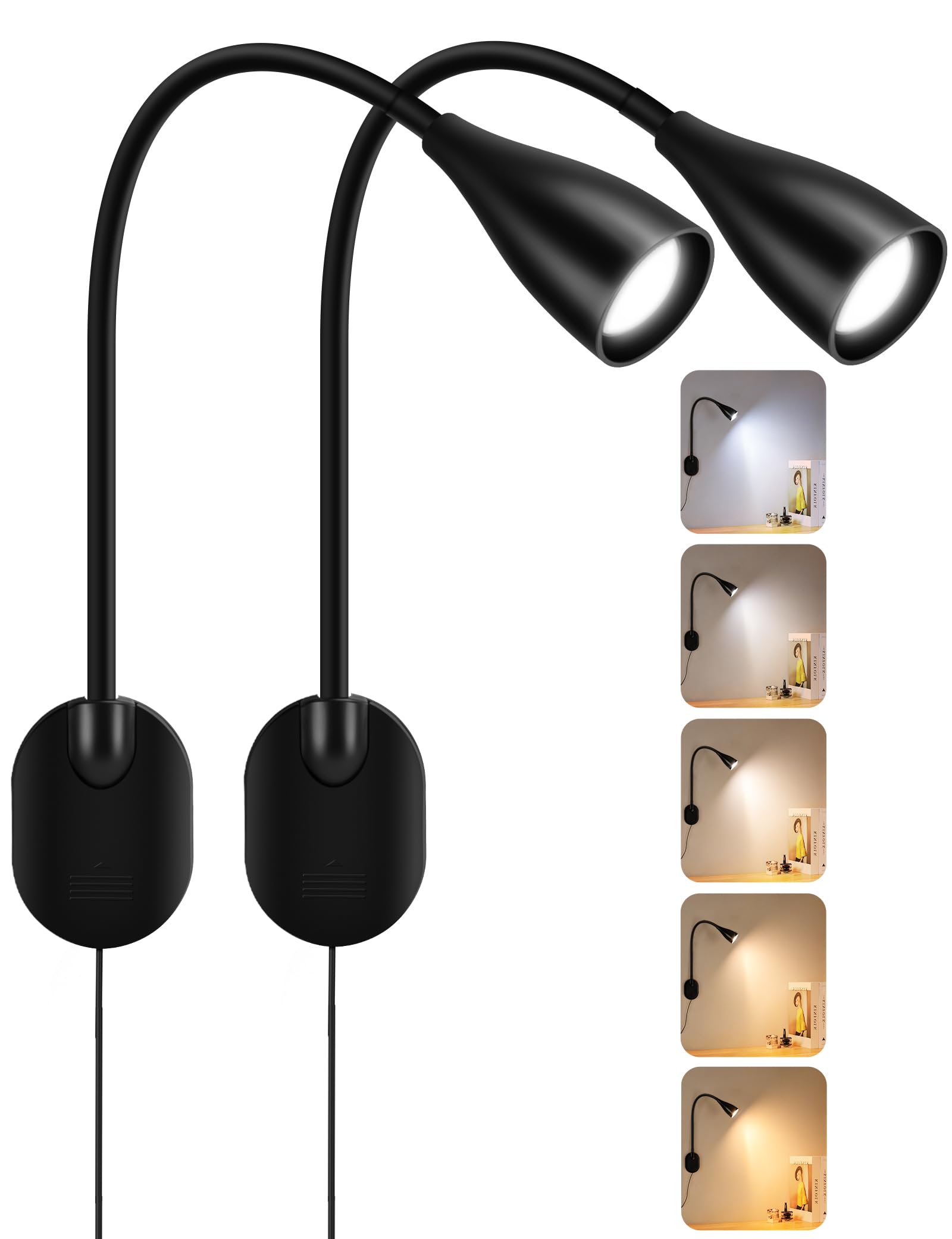 Photo 1 of 2 Pack LED Wall Mounted Bedside Reading Light, 3 Color Modes,10 Brightness Dimmable, USB Charging Port, Memory Timer Adhesive Wall Light Night Lamp for Books in Bed, Eye-Caring Bedroom Lighting Black