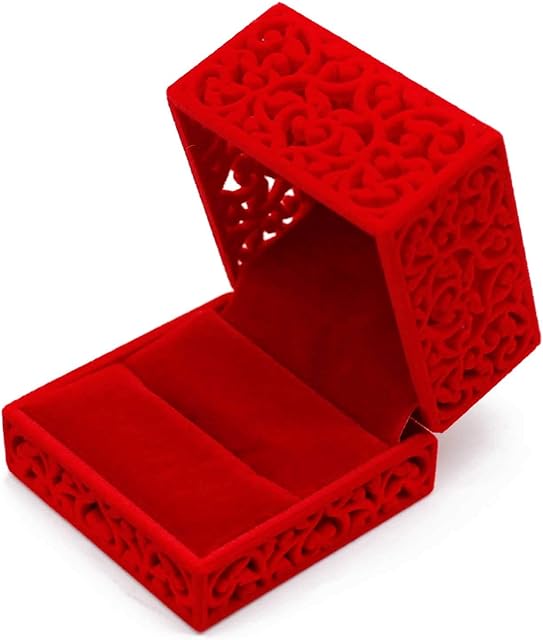 Ring Box, Hollow Square Velvet Ring Gift Box Wedding Ring Jewelry Box for Proposal Engagement, Red