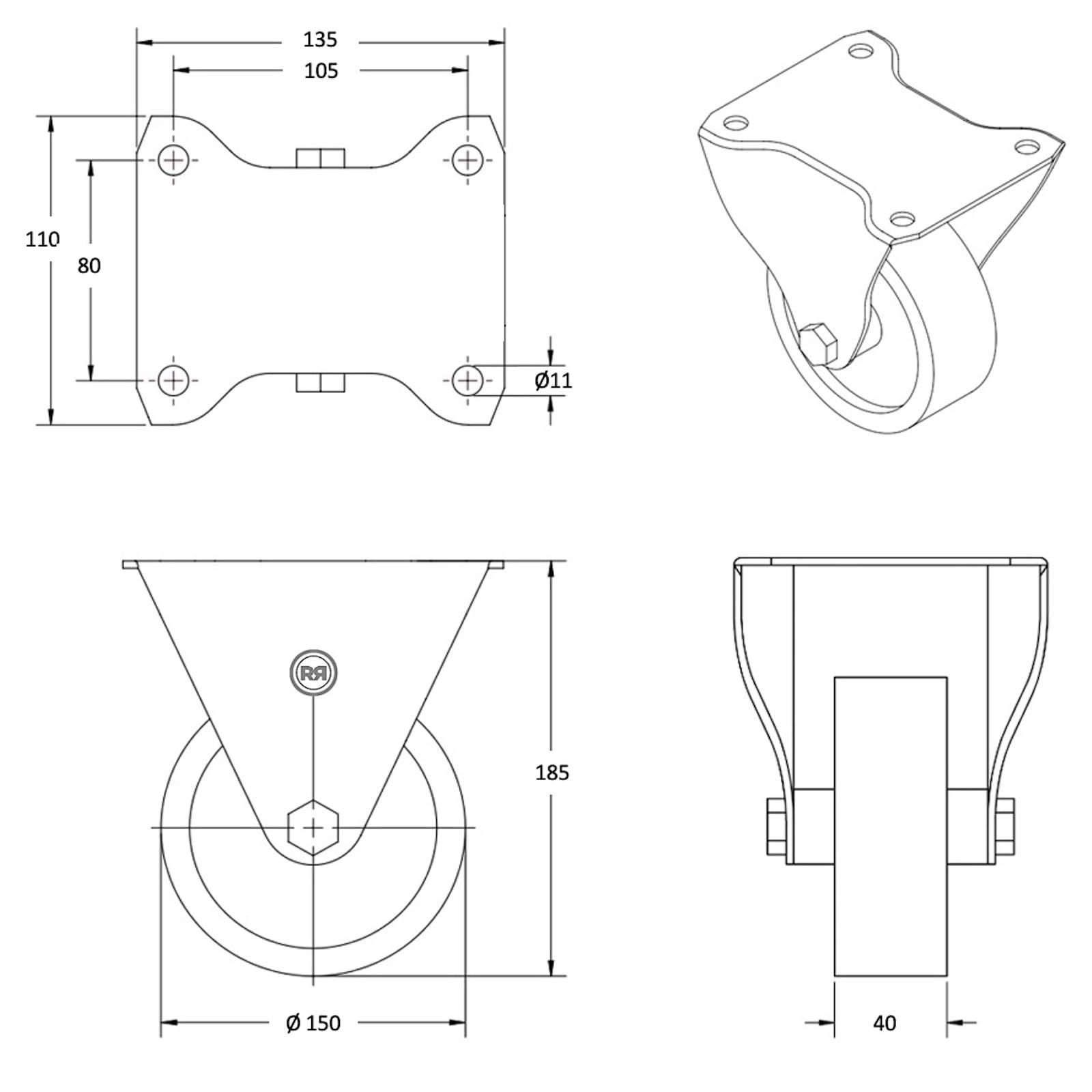 Lot de 4 roulettes pivotantes à frein et fixes polyamide blanc 150 mm - 1050 Kg