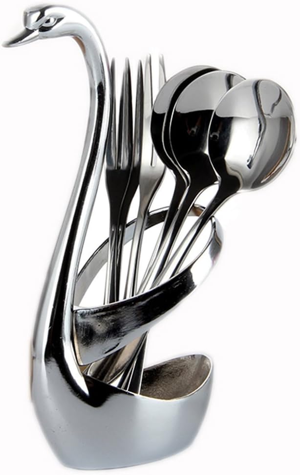 Dinnerware Set(Set of 1), Stainless Steel Fruit/Dessert Flatware Set for 9-1 Swan Base Holder with 4 Forks & 4 Spoons