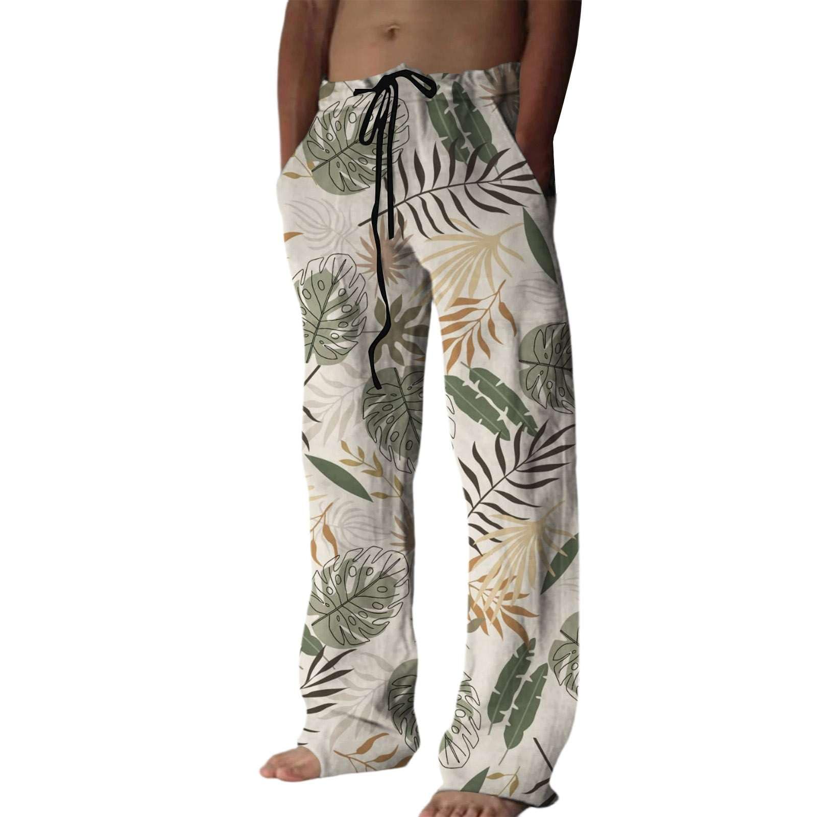 Leinenhose Herren Lang Leichte Sommerhose Leinen Hose Freizeithose mit Tunnelzug Elastischer Arbeitshosen Baggy Jogginghose Casual Stoffhose Loose Yoga Strandhose für Urlaub Strand