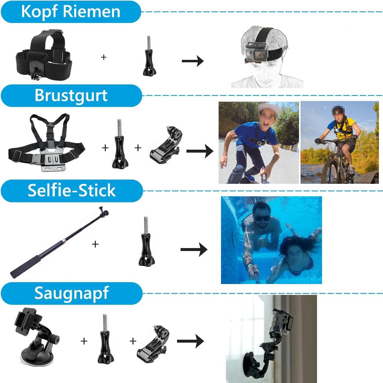 Ulepszony zestaw akcesoriów do GoPro Hero 13 Black Kit, wodoszczelny pokrowiec ochronny, wodoszczelna obudowa, akcesoria do snorkelingu, uchwyt rowerowy kijek do selfie, pasek na głowę do GoPro Hero13