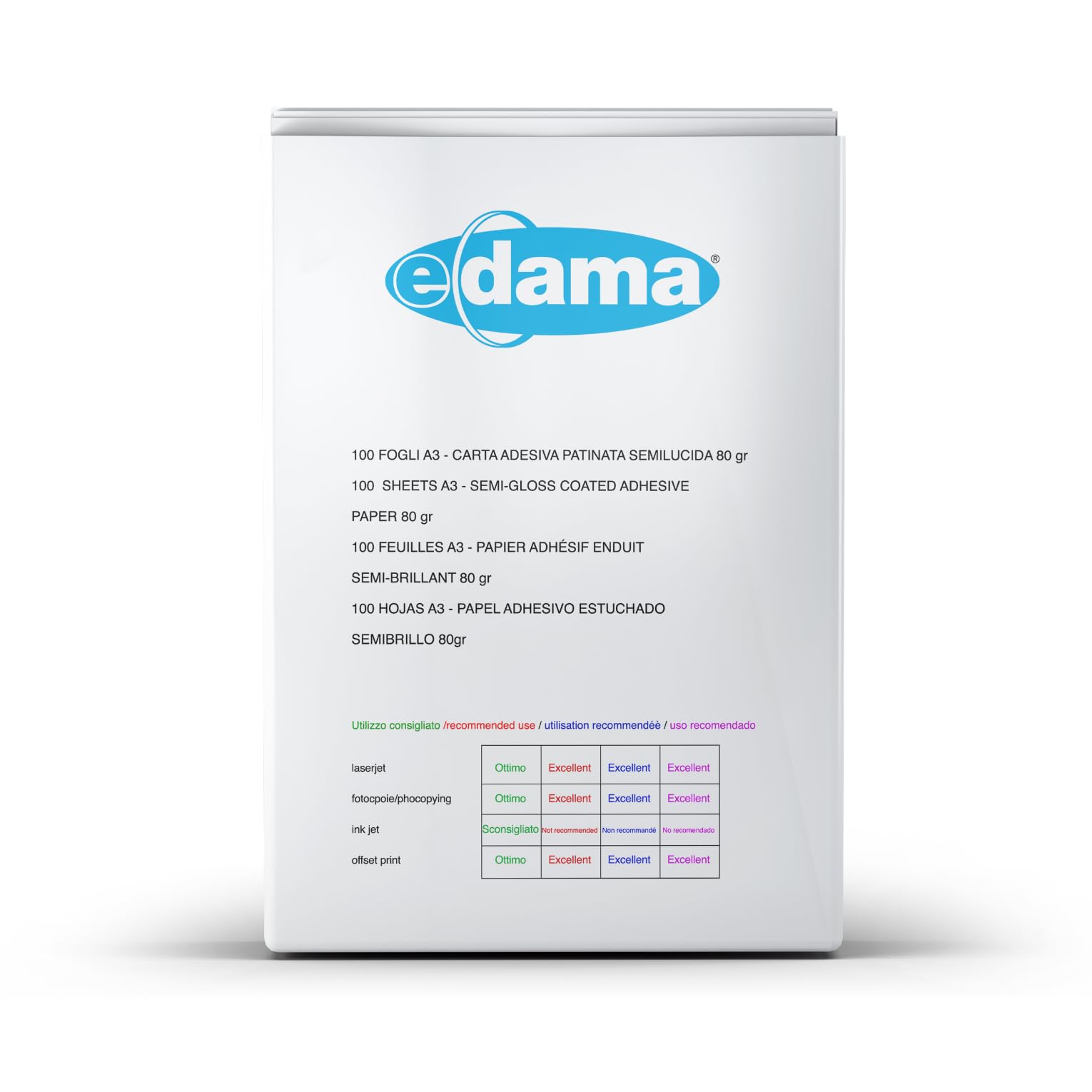 e-dama 100 Fogli Adesivi Stampabili SRA3 (320 x 450 mm), Carta Fotografica Adesiva Lucida per Stampa Laser, Bianco Con Retrotaglio