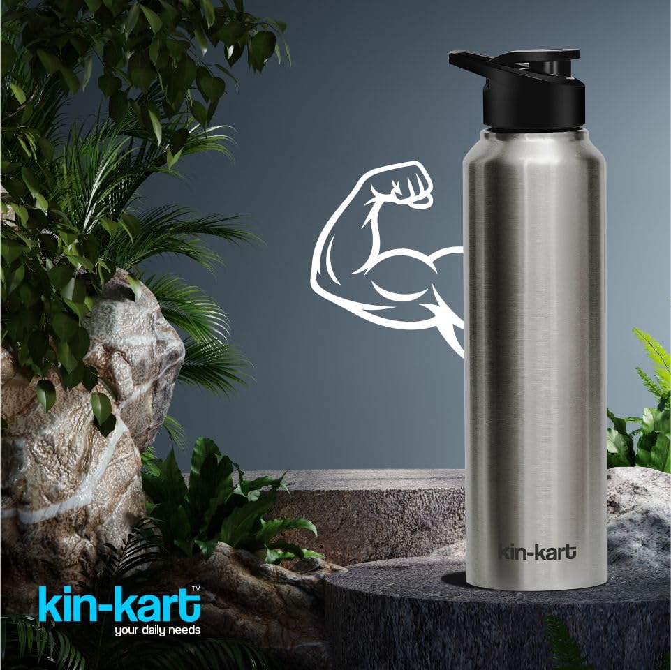 Image of Kin-Kart Water Bottles 1000 ml Stainless Steel Water Bottle 1 Litre | Eco friendly Steel BPA Free Leakproof Water Bottles for School, Office, Home, Gym (Asian, SILVER)