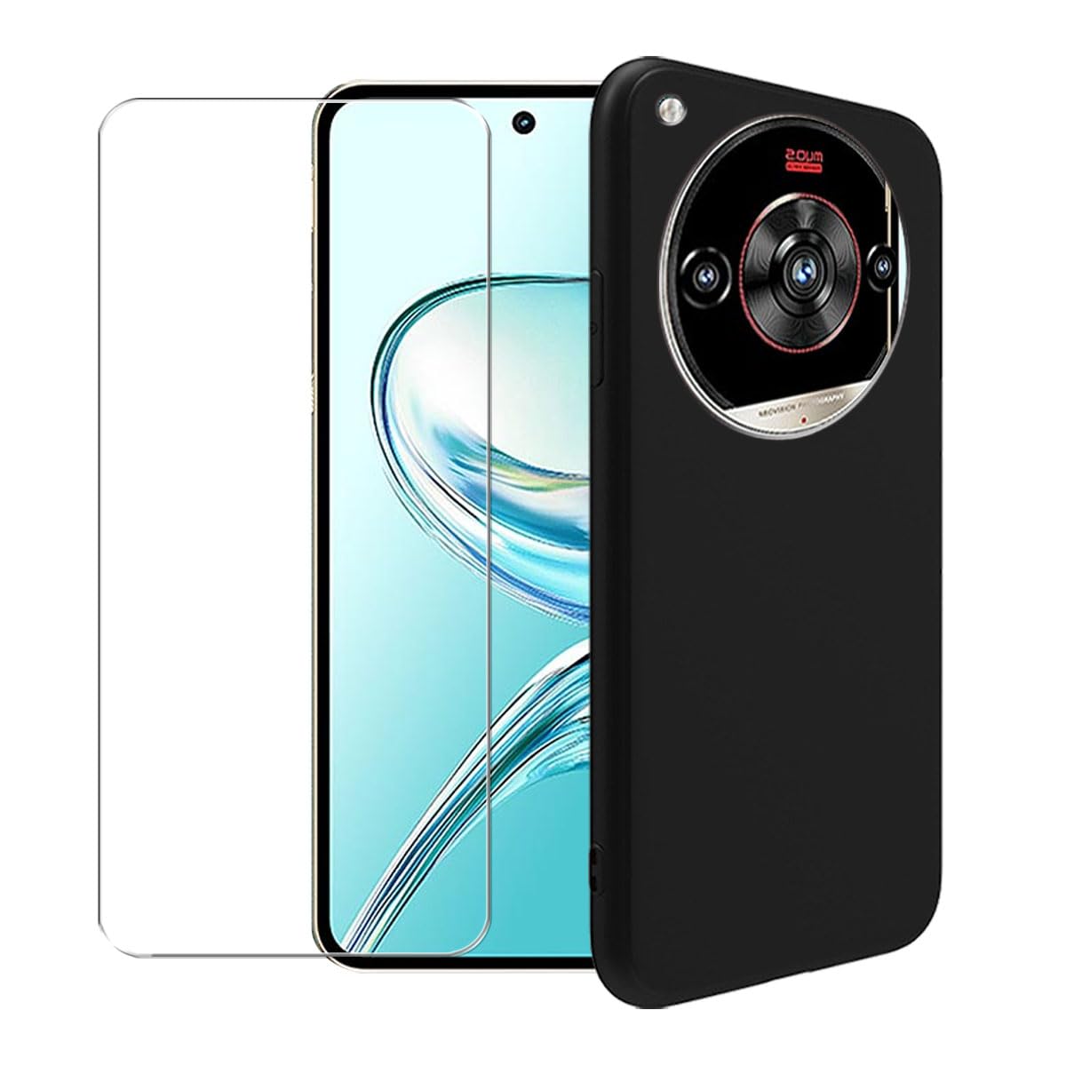 Photo 1 of WDMYLFTW Case for ZTE Nubia Focus 2 Ultra 5G + Glass Screen Protector Tempered Film - Transparent Silicone Soft Flexible Bumper Shockproof TPU Protective Cover Shell (Black)