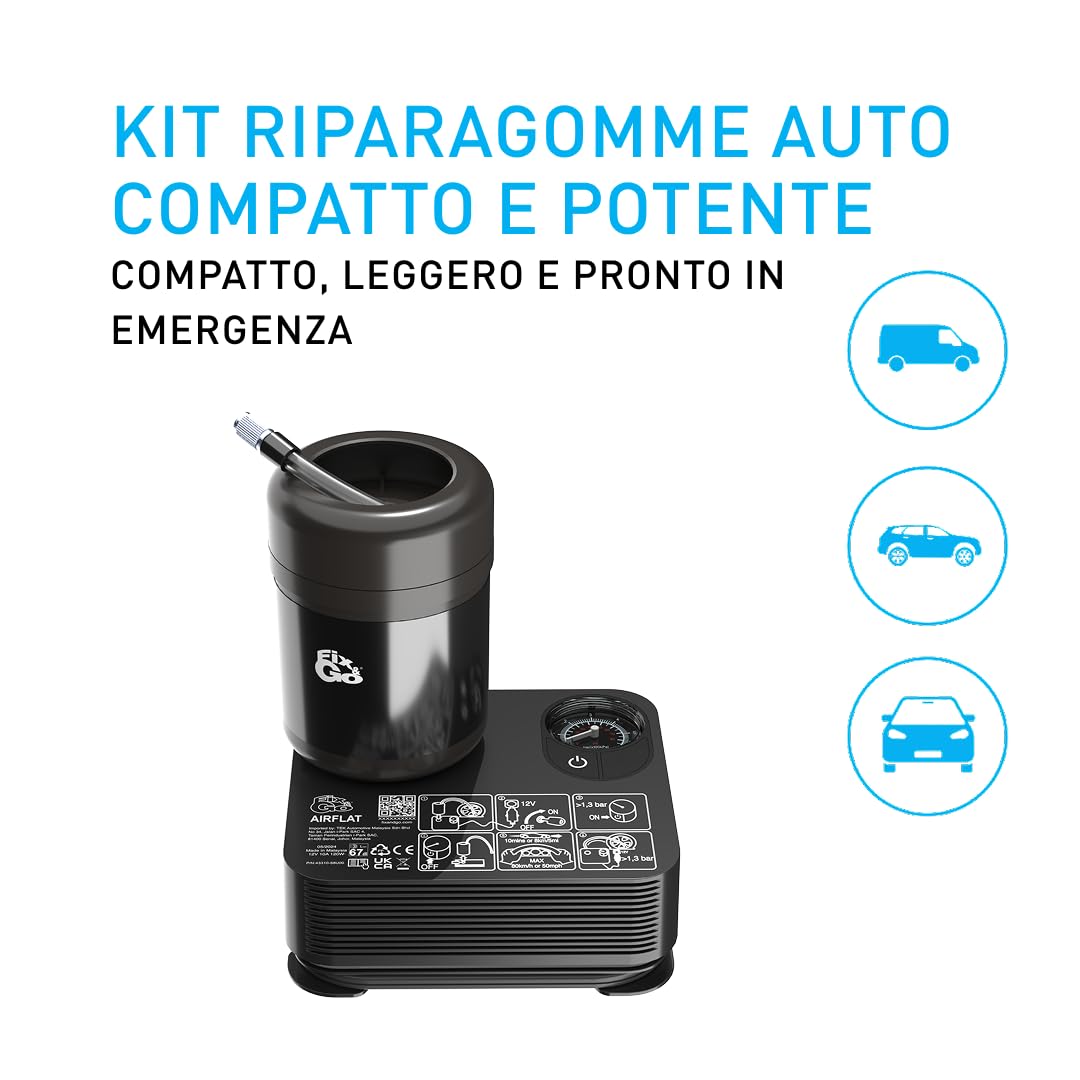 FIX&GO Airflex - Kit de reparación de neumáticos de 12 V – Compresor portátil con sellador – Sistema de reparación rápida para coche