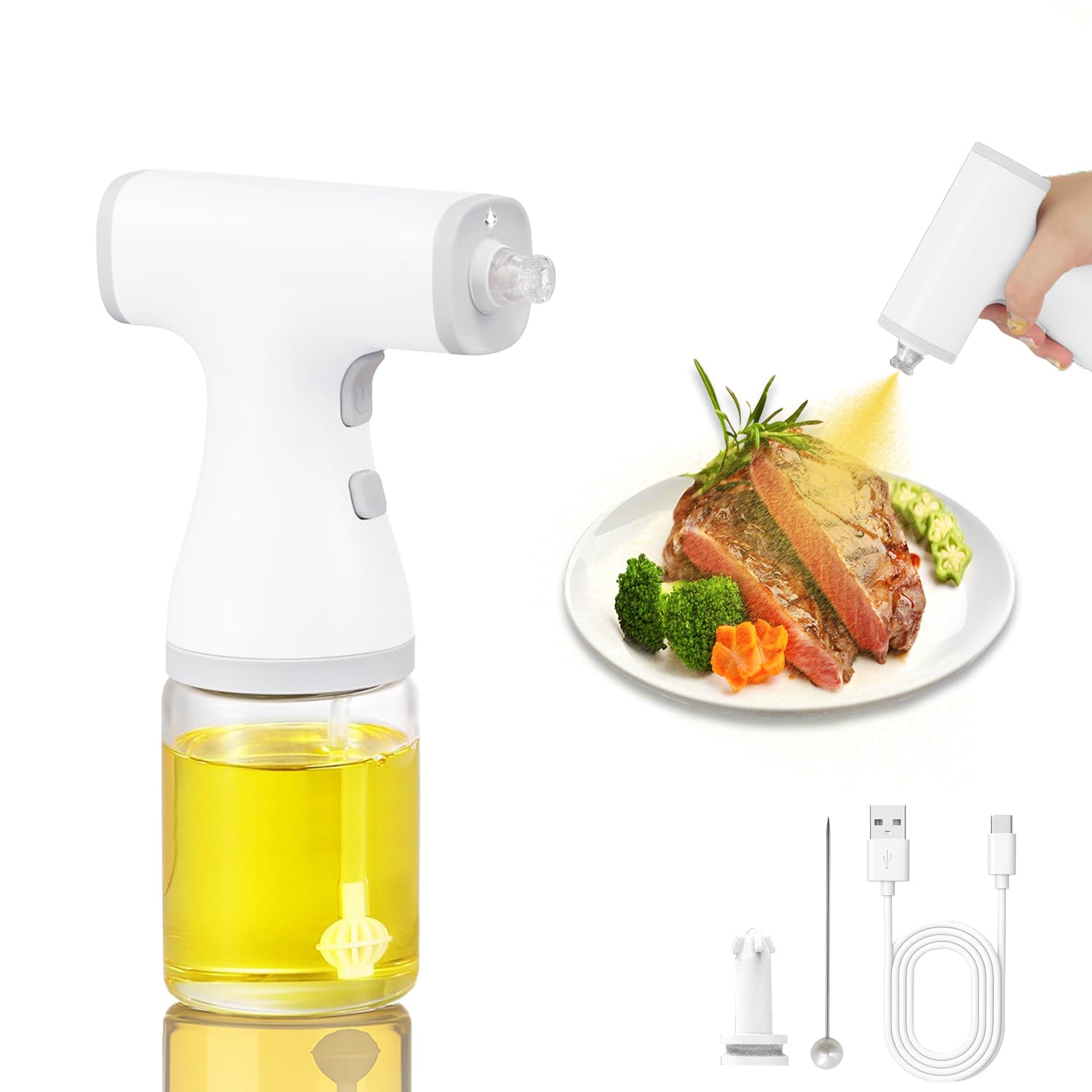 YuxLnJxem Oil Sprayer for Cooking,Electric 250ml Glass Olive Oil Sprayer,Oil Dispenser for Kitchen, Food-grade Oil Mister for Air Fryer, Salad, Frying, BBQ