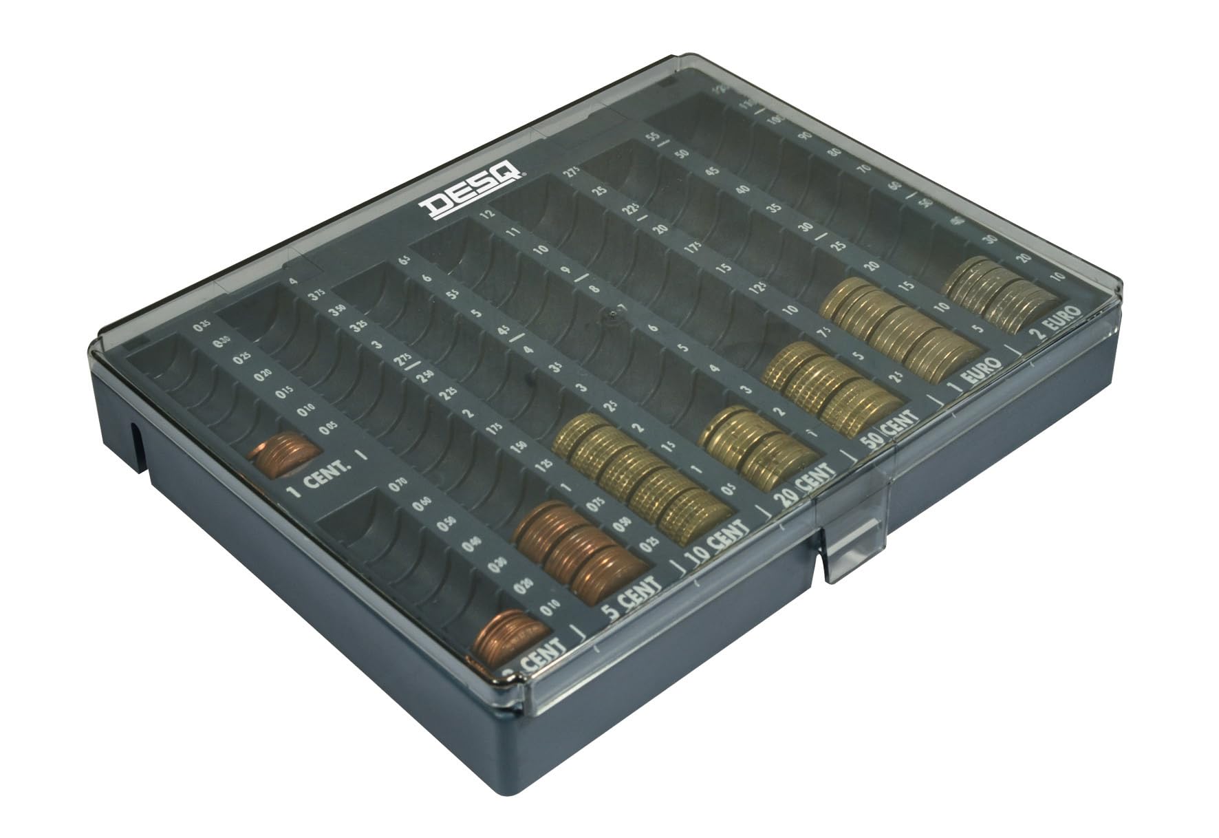 DESQ® Unité de tri de monnaie avec couvercle, adaptée pour les pièces en centimes et en euros, 8 compartiments, capacité de pièces de 226,05 €