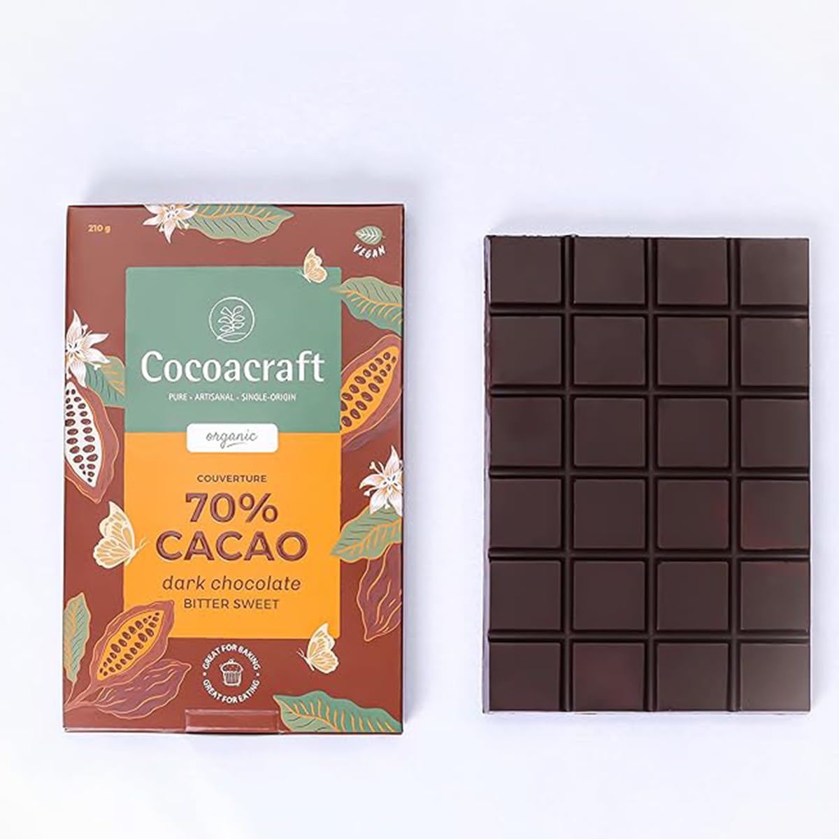 Cocoacraft 70% Bittersweet Dark Chocolate Couverture Tempered Slab (210g) 100% Organic & Natural| Handmade Artisanal from Kerala| Easy for Snacking, Making Chocolates, Cake Toppings. (B07JGNJCJF) Amazon Price History, Amazon Price Tracker