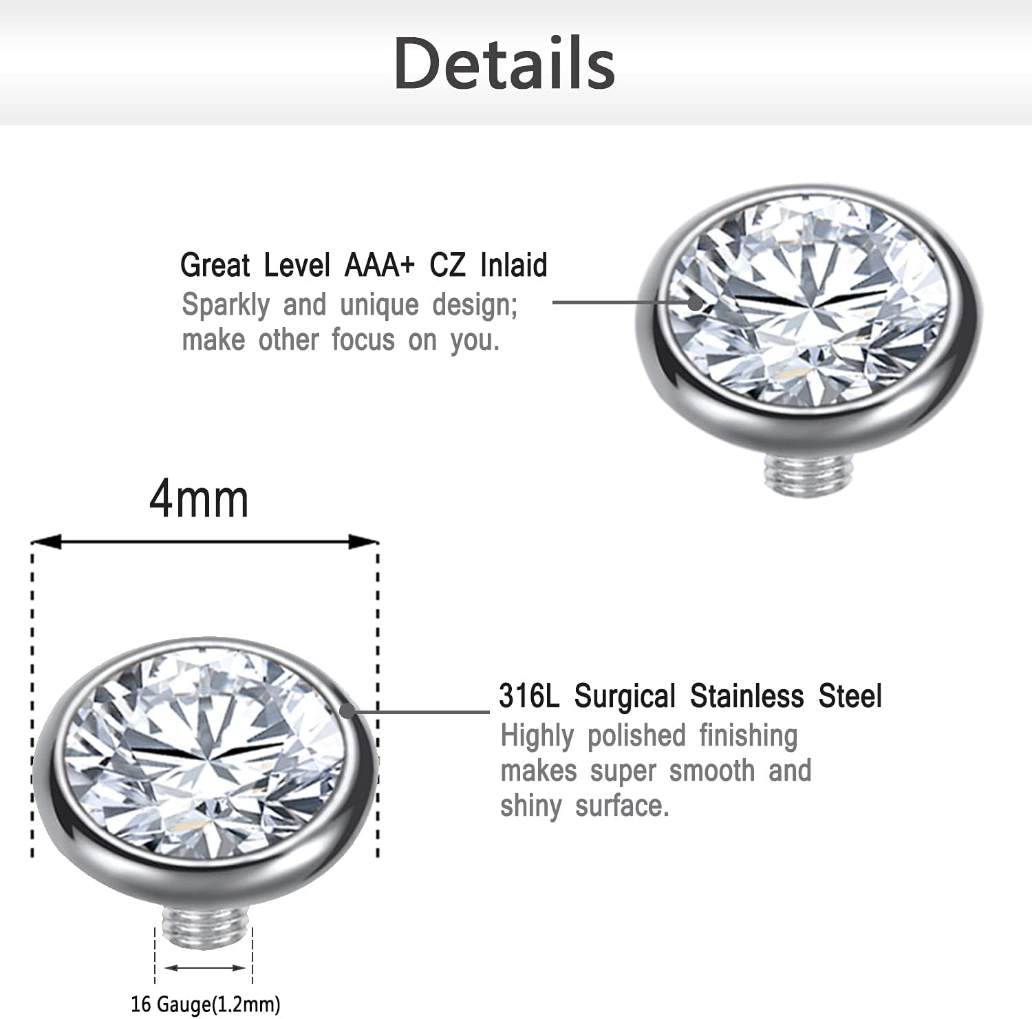 ZS 14/15PCS Cubic Zirconia Dermal Anchor Tops 2mm 3mm 4mm, 14G Surgical Steel Internally Threaded Dermal Anchor Base Microdermals Piercing for Women Men