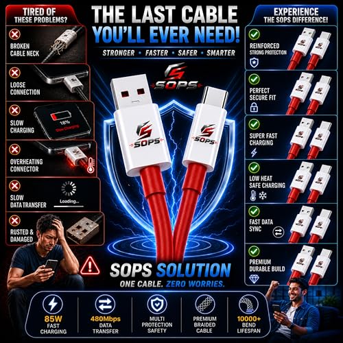 Image of 8A Type C Cable | 80W Charging Type C Cable | 8-Amp Vooc Supported Fast Charging Data Cord | Red Colour Tangle Free 1 Meter SuperVooc Dart Compatible Wire