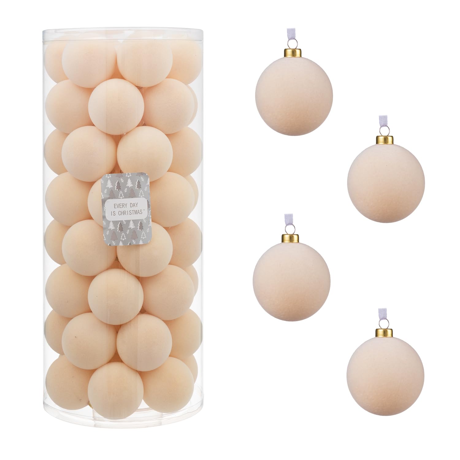 Every Day is Christmas Velvet 50ct 57cm/2.24" Christmas Ornaments, Shatterproof Christmas Tree Ornament Set, Flocking Ball Decorations (Velvet Cream)
