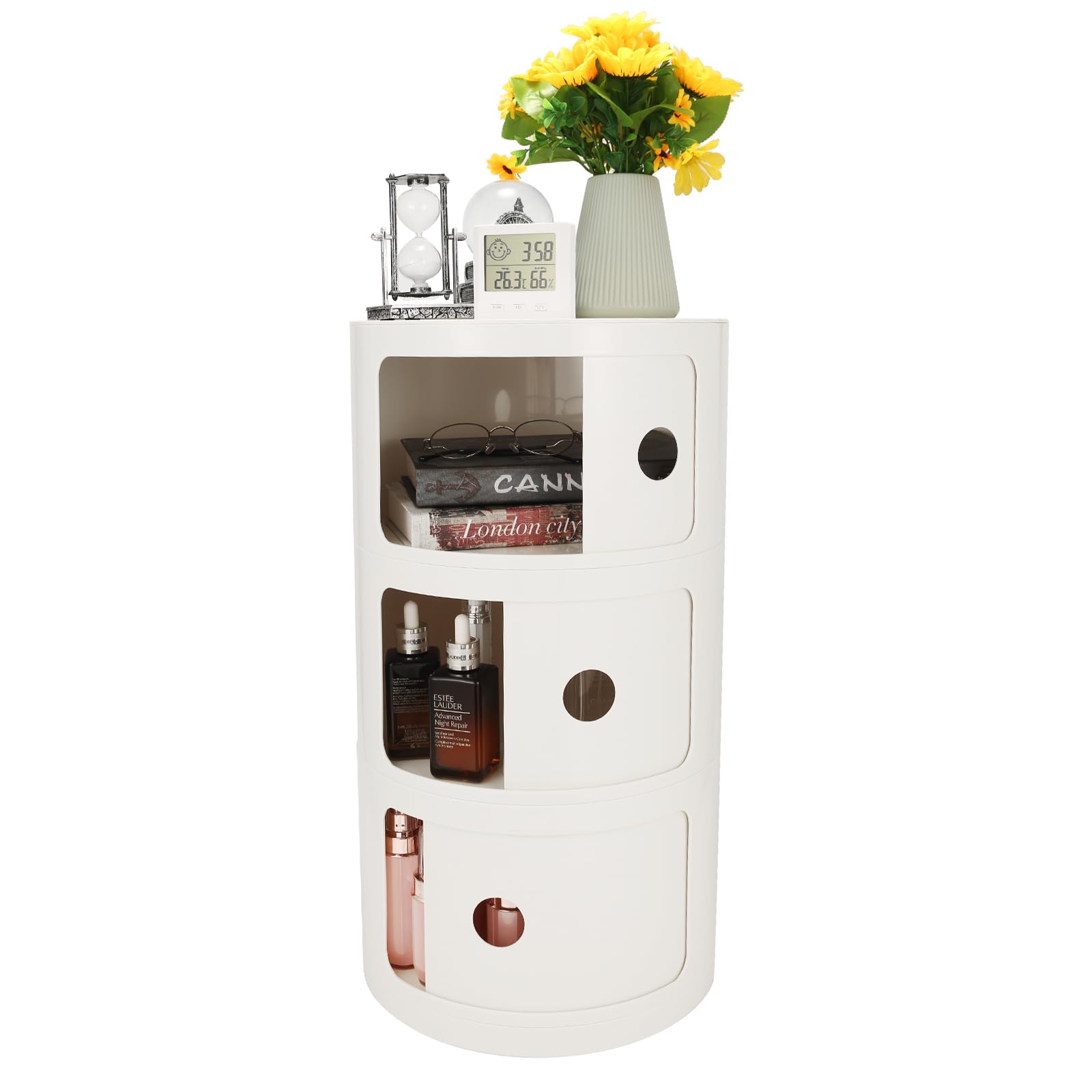 FZANVAN 3-Tier Round Bedside Table, Narrow Storage Cabinet, Small Stylish Storage Cabinet, no Installation Required, Suitable for Living Room and