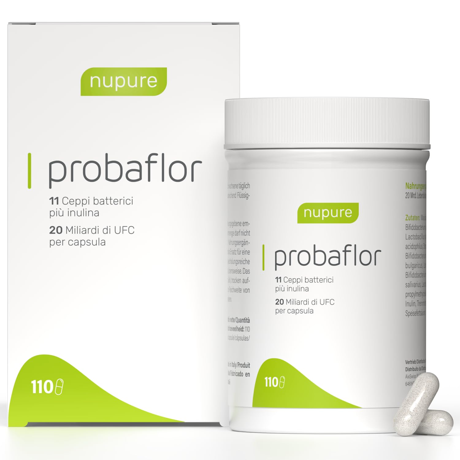 Nupure® Probaflor 110 capsule, con 20 miliardi di CFU, 11 ceppi batterici speciali, Con inulina e Lactobacillus salivarius SP2, Più protetto grazie allo speciale stagno, Vegano