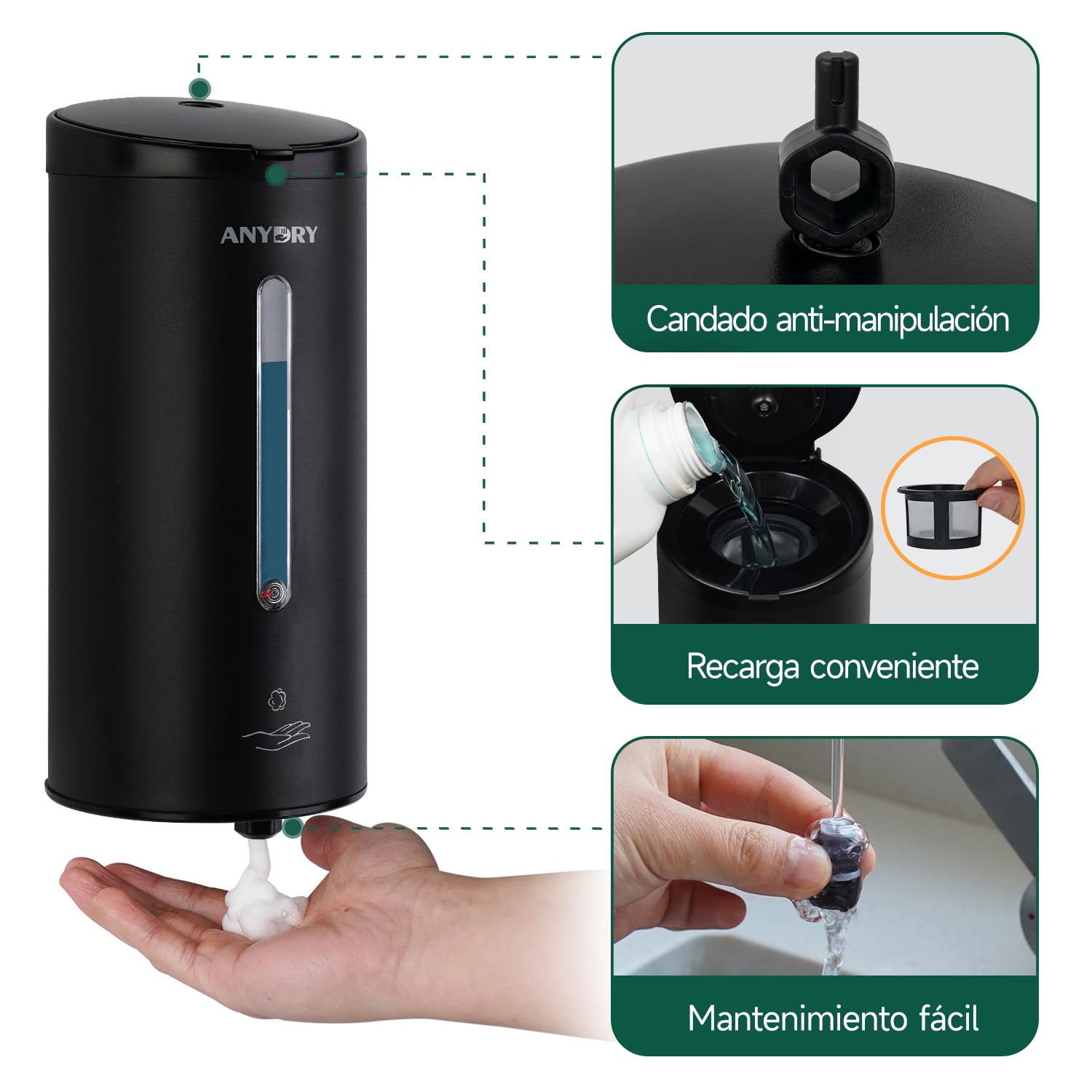 anydry Dispensador de Espuma Automático Sin Contacto de Pared Profesional 750 ml con Placa de Montaje Metálica & Revestimiento Anti-Corrosión (Acero Inoxidable Negro Mate)
