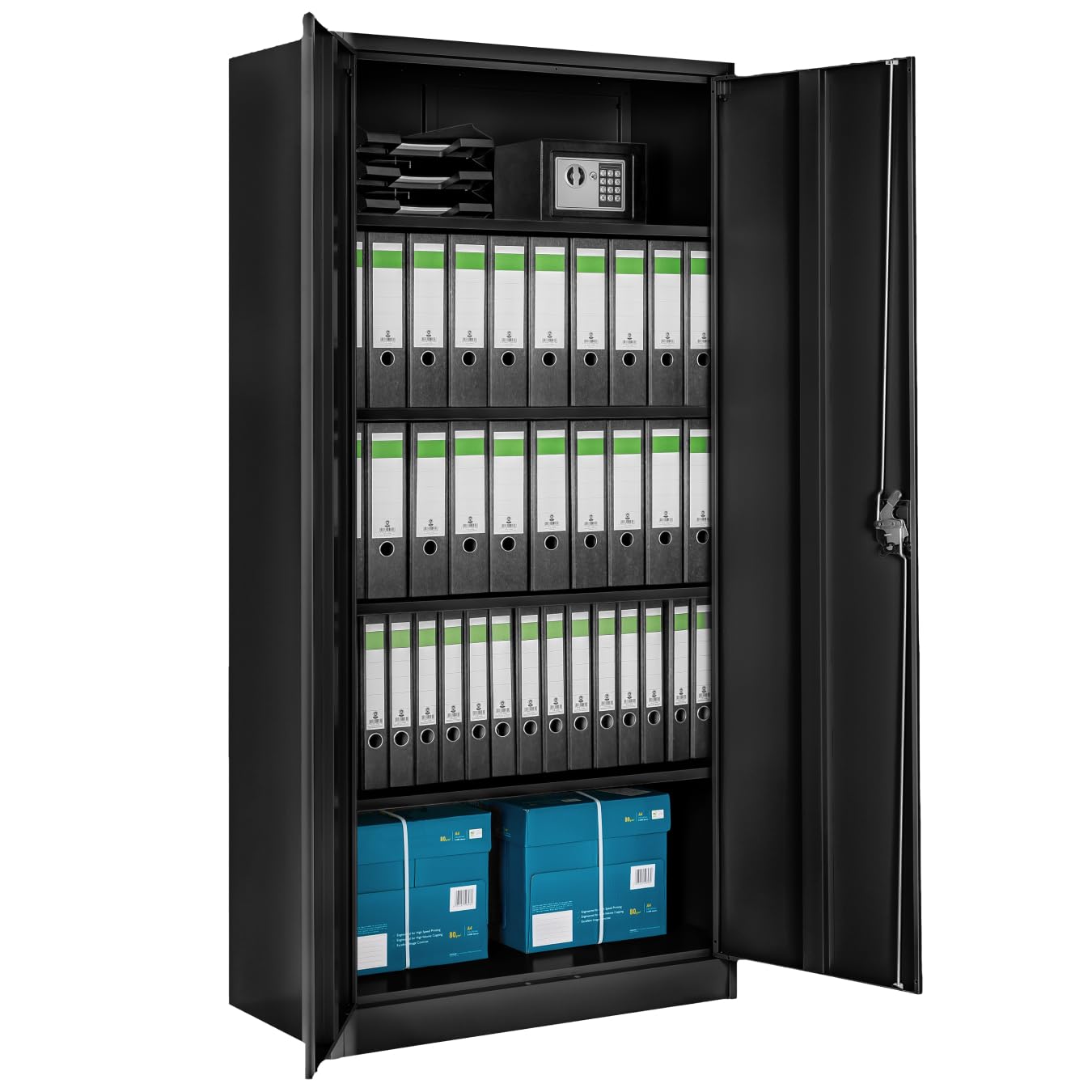 TecTake® Armario Archivador Oficina en Acero, Armario Exterior e Interior con Cerradura, Armario Multiusos con 2 Puertas, 4 Estantes Ajustables y 5 Alturas, Fácil Montaje, 180x80x40 cm - Negro/Negro