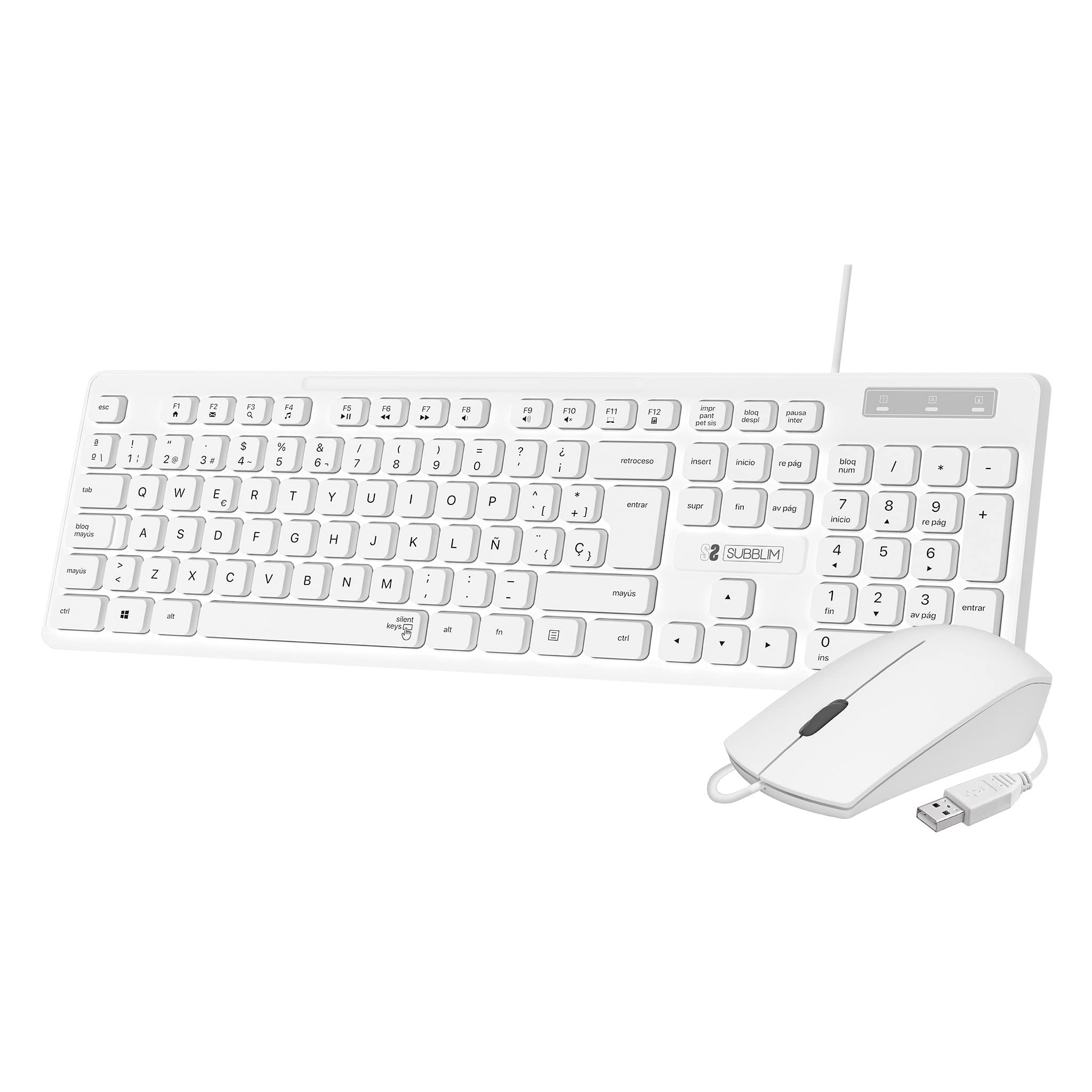 SUBBLIM Combo Teclado y Ratón Business Slim Silencioso con Cable USB Blanco Teclas Planas Resistente A Salpicaduras Diseño Delgado Y Completo Conector USB Plug&Play Ratón Ergonómico con Cable USB