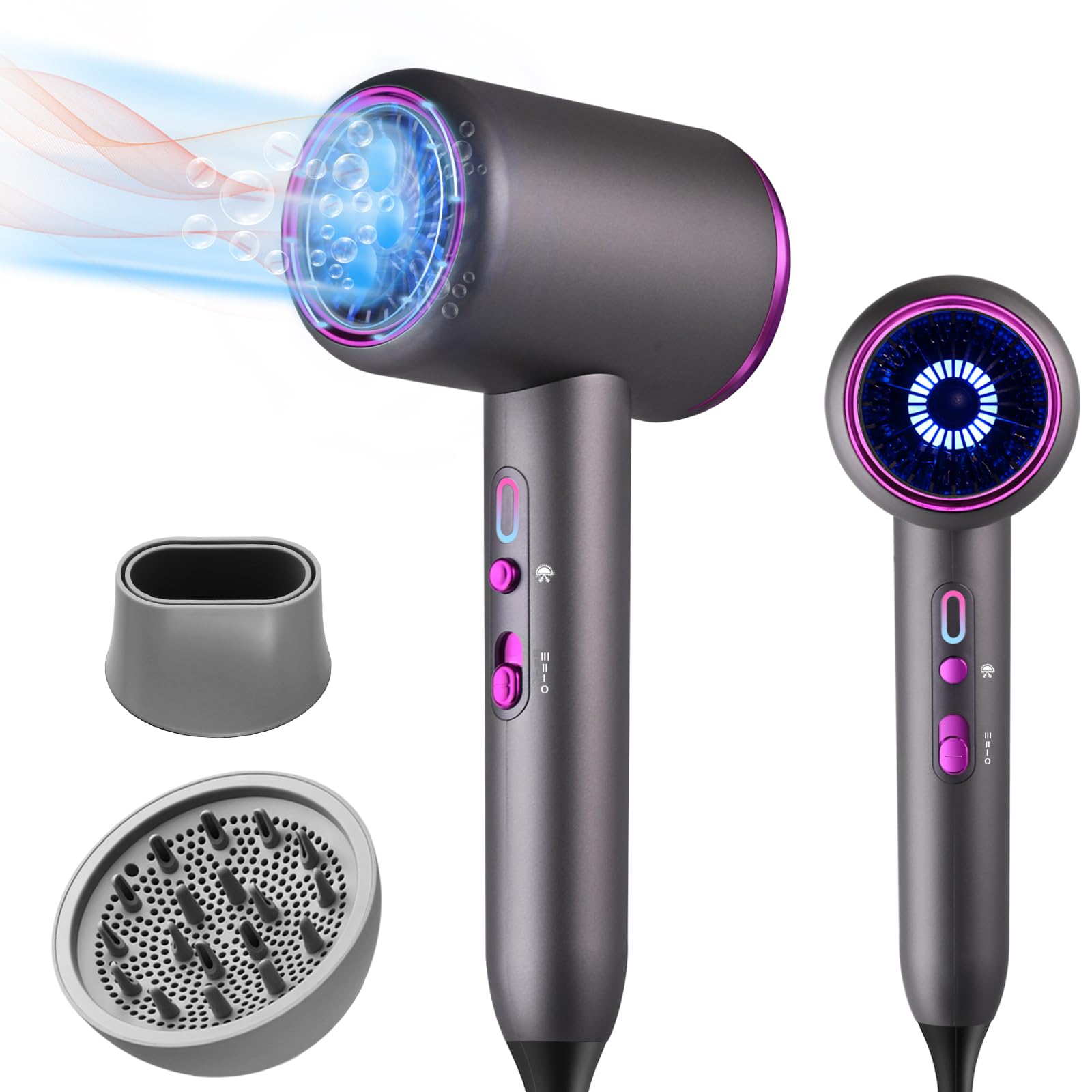 Bizcasa Secador de Pelo de iónico 2400W,Profesional Secador de Pelo con Botón Frío/Calor,3 Ajustes de Temperatura,Salón Hair Dryer con difusor y boquilla de peinado,Súper Silencioso(gris)