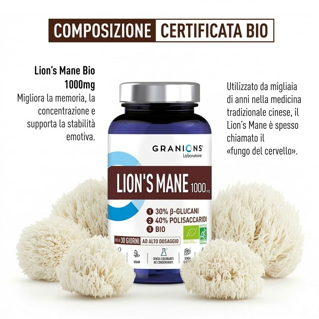 Granions Lion's Mane Bio 1000 mg | 90 Capsule Vegetali | 40% Polisaccaridi + 30% Beta-Glucani | KSM Hericium erinaceus | Vegan | Senza Glutine | Formato 30 Giorni | Certificato Bio