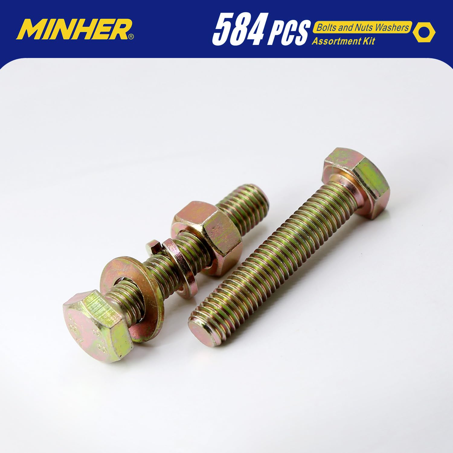 MINHER 584 pieza M6 M8 M10 de Tornillos Hexagonales y Juego de Tuercas y Arandelas, Acero Aleado Galvanizado de Grado 8,8