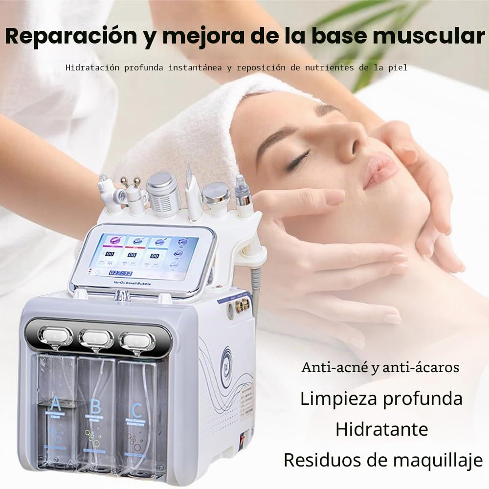 Máquina de belleza 6 en 1 de agua, hidrógeno y oxígeno, sistema de tratamiento facial avanzado con 6 accesorios, dispositivo acuático facial, para salón de belleza personal en el hogar (blanco)