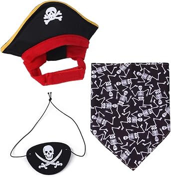 3 Pcs Pet Pirate Costume Halloween for Dogs Cats with Skull Hat, Bandana and Eye-Patch, Halloween Carnival Costume Party Cosplay Dress Up, Black