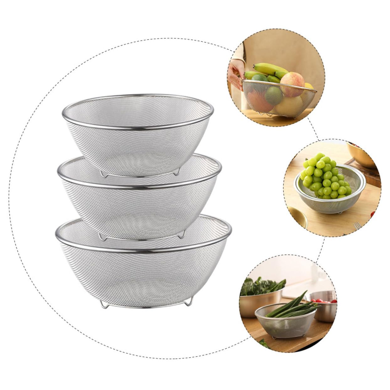 1juego Coladores De Inoxidable Malla Fina Para Verduras y Arroz Escurridor De Cocina Resistente y Práctico Para Uso Diario