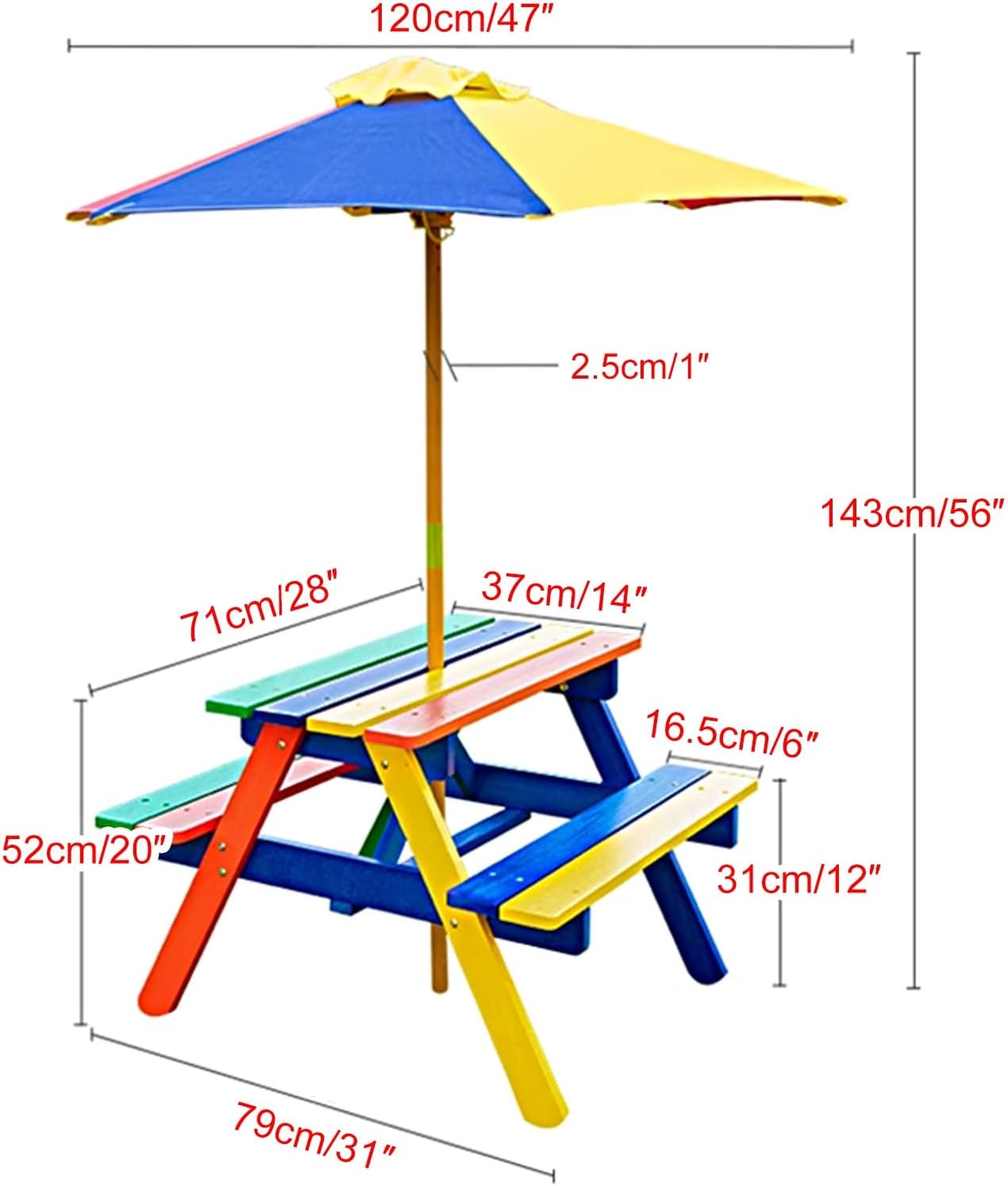 Kids Wooden Picnic Table, Outdoor Activity & Dining Table w/Adjustable Collapsible Umbrella, Built in Seats, for Toddler Aged 3-8