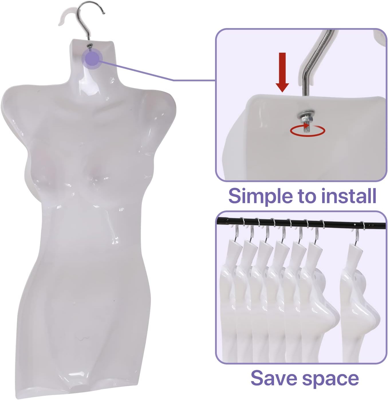 4-Packs Female Mannequin Torso Set 27" Dress Form Hollow Back Half Body Clothing Display Plastic Adult Table Shirt Mannequin Model Stand with Metal Hook for Hanging - Craft Shows or Design, White