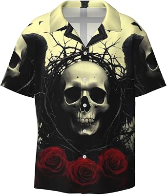 Vintage Winged Rose Skull Print Mens Short Sleeve Button Down Shirt Cuban Collar Casual Tops